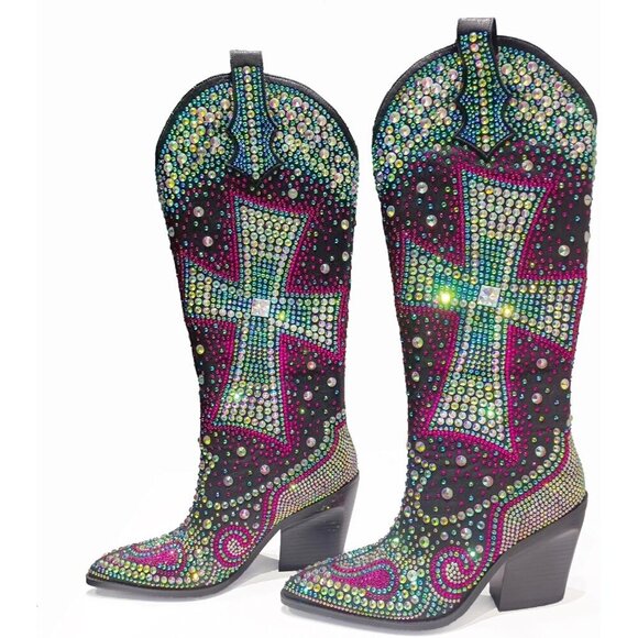 Shoes - Women's Blue Fashion Rhinestone Cross Western Knee-High Cowboy Faux Leather Boot